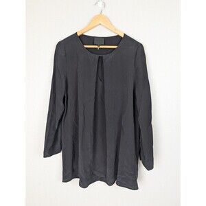 QUINN‎ Women's Stone Washed L Black Silk Long Sleeve Shirt Tunic Top Blouse 194